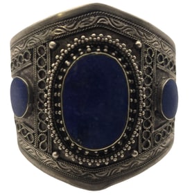 Antique Oriental Silver & Lapis Lazuli Cuff Bracelet