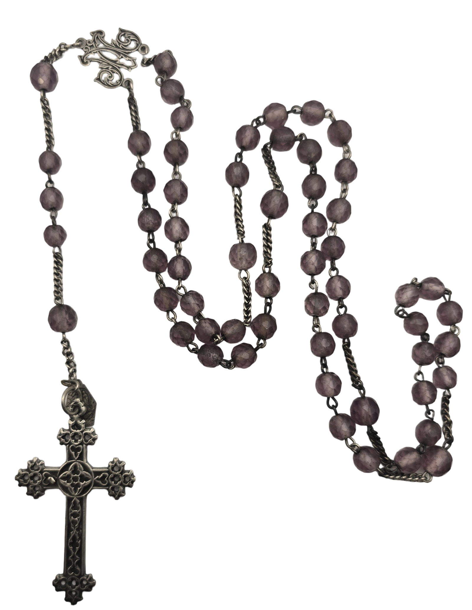 Antique ca. 1900 European 800 Silver & Glass or Smokey Quartz Bead Rosary (1 of 4)