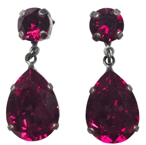 Pair of Vintage Sterling Silver & Red Rhinestone Drop / Dangle Earrings