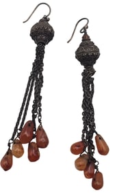 Pair of Antique Oriental 900 Silver & Red Carnelian Dangle / Chandelier Earrings