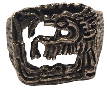 Very Unusual Vintage Sterling Silver Aztec/Mayan Dragon Design Ring