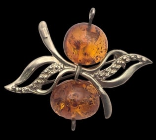 Vintage Soviet Russian 875 Silver & Amber Bow Pin / Brooch