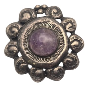 Unusual Vintage Mexican Sterling Silver & Amethyst Floral Brooch
