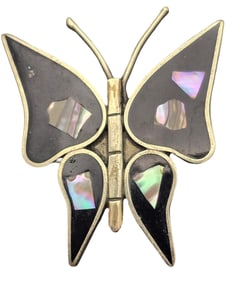 Vintage Mexican Alpaca Silver Butterfly Brooch /w Black Enamel & Abalone Shell