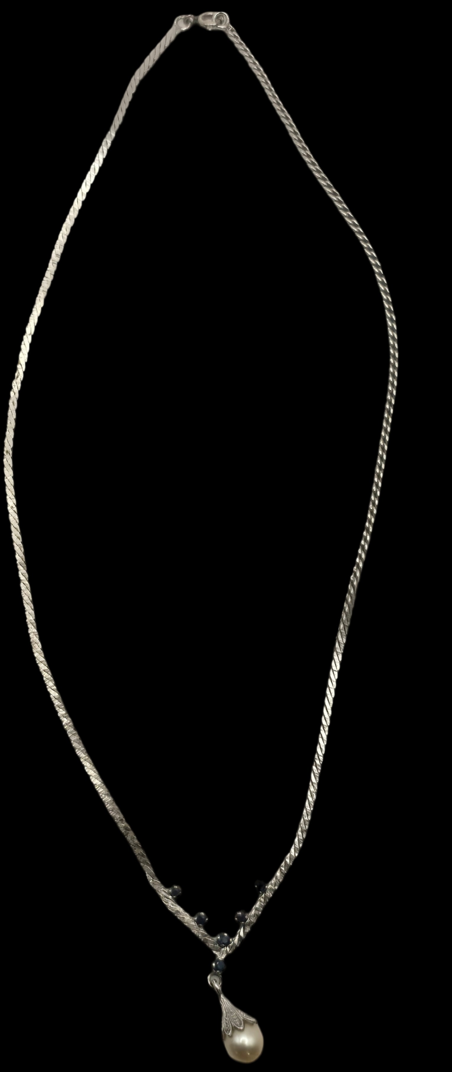Vintage European 835 Silver, Sapphire & Pearl Pendant Necklace: Very good vintage condition with some patina and wear according to age. Measures approx. 9" long and weighs ca. 12 grams. Tested for a minimum of 800 (80%) silver. SHIPPING: We ship in-house and charg