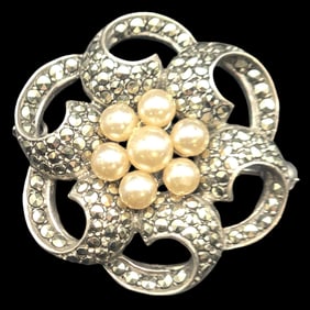 Vintage Sterling Silver, Pearl & Marcasite Flower Pin / Brooch