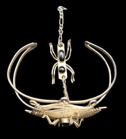 Vintage ca. 1950s Sterling Silver & Black Onyx Spider Cuff Bracelet /w Pendant