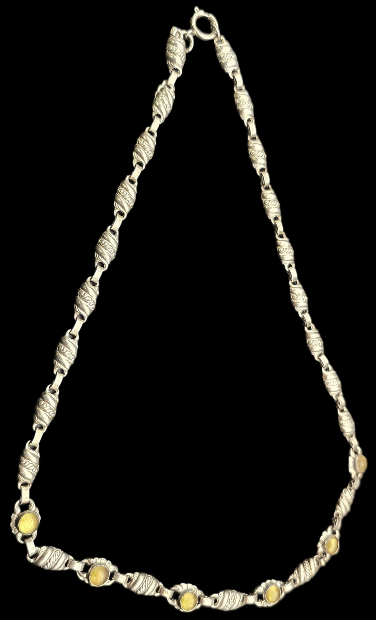 Unusual Ornate Vintage 800 Silver & Amber Necklace: Measures approx. 9" long and weighs ca. 21.1 grams. Very good vintage condition with minor wear and patina according to age. Tested for a minimum of 800 (80%) silver. SHIPPING: We ship in-house and ch