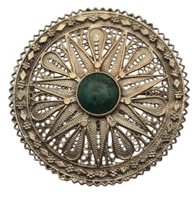 Vintage Round Sterling Silver & Green Gemstone Filigree Brooch