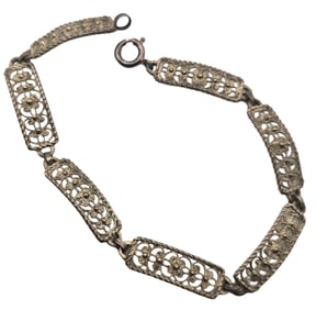 Vintage Handmade 800 Silver Filigree Panel Bracelet with Floral Designs