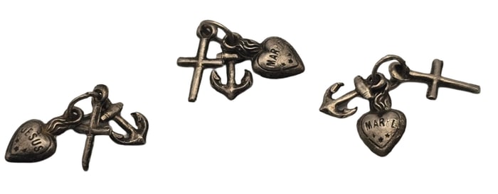 Lot of 3 Antique Victorian Sterling Silver Love (Heart), Hope (Anchor), and Faith (Cross) Pendants