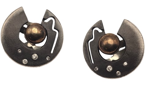 Very Unusual Vintage Blackened Sterling Silver & Gold Earrings /w Rhinestones