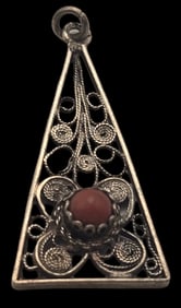Vintage Handmade Triangle Shaped 800 Silver Filigree Pendant /w Red Coral