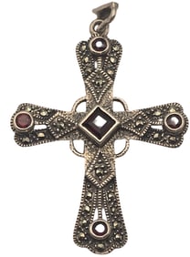 Vintage European 800 Silver, Marcasite & Garnet Cross Designer Pendant
