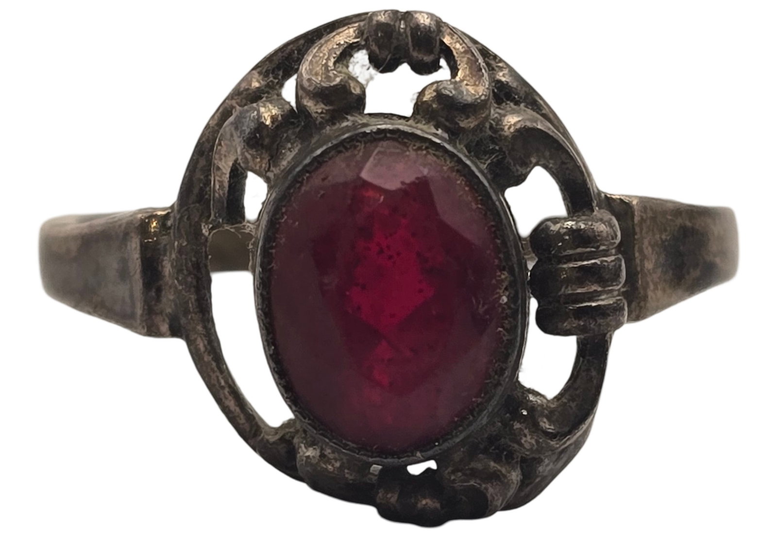 Antique European 835 Silver & Red Gemstone Ring: Good vintage condition with some patina and wear according to age; missing some scrollwork to the side of the gemstone. The ring is a size 7 and weighs ca. 2.67 grams. Marked for 835 (83.5%) silver. S