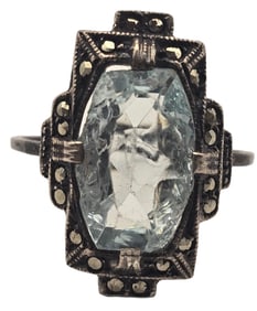 Antique Art Deco European 830 Silver, Marcasite & Blue Gemstone Ring