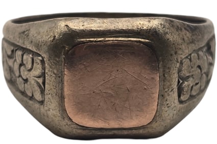 Antique European 800 Silver & Gold Plaque Ring with Floral Design