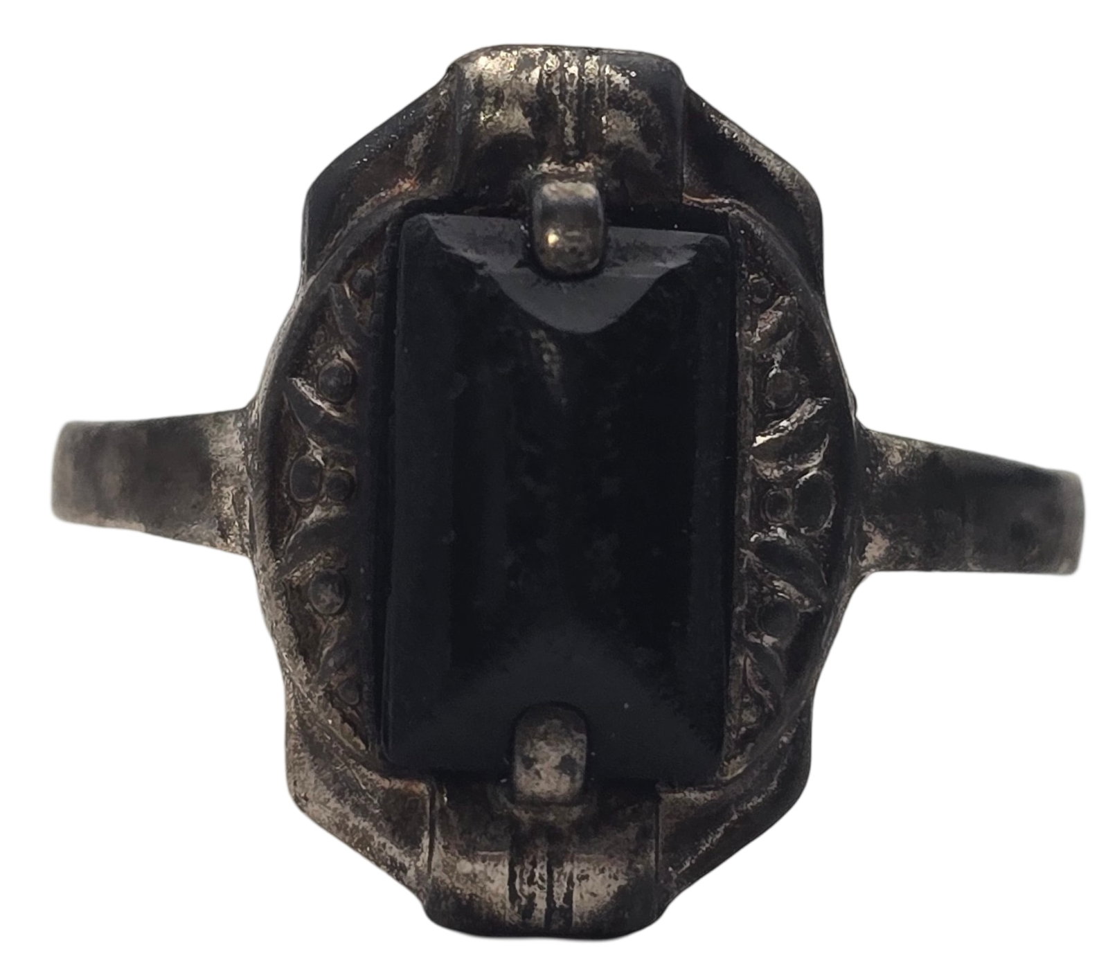 Antique Art Deco European 800 Silver & Dark Gemstone Ring: Very good vintage condition with some patina and wear according to age. The ring is a size 9 3/4 and weighs ca. 2.47 grams. Tested for a minimum of 800 (80%) silver. SHIPPING: We ship in-house and cha
