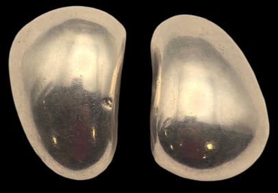 Pair of Vintage Sterling Silver Bean Shaped Designer Clip-On Earrings - Signed