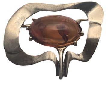 Unusual Mid-Century Modern European 835 Silver & Amber Brooch