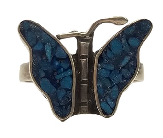 Vintage TAXCO Mexico Sterling Silver & Blue Gemstone Mosaic Butterfly Design Ring