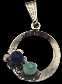 Vintage European 835 Silver Pendant /w Blue & Green Gemstone Balls