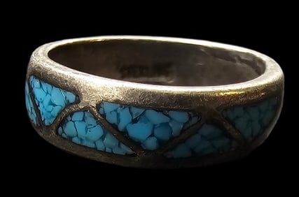 Vintage Mexican Sterling Silver & Blue Gemstone Mosaic Ring