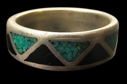 Vintage Mexican Sterling Silver, Black Enamel & Blue Gemstone Mosaic Ring