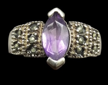 Vintage Sterling Silver, Amethyst & Marcasite Ring