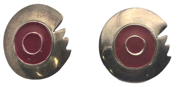 Pair of Vintage Mid-Century Modern Sterling Silver & Red Enamel Earrings