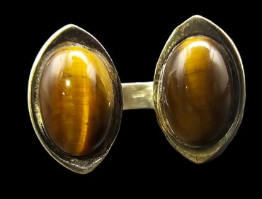 Unusual Vintage Mid-Century Modern European 835 Silver & Tiger's Eye Open Band Ring