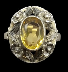 Antique European 835 Silver & Yellow Gemstone Ring
