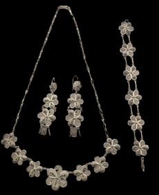Vintage Handmade Sterling Silver Filigree Jewelry Set - Necklace, Bracelet & Earrings