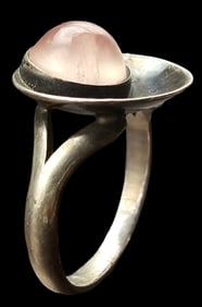 Vintage Mid-Century Modern Danish Sterling Silver & Rose Quartz Designer Ring