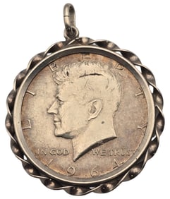 Vintage 1964 Kennedy Half Dollar in 800 Silver Bezel Pendant