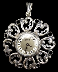 Ornate Vintage European ARFENA 835 Silver Round Winding Clock Pendant