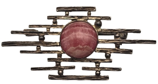 Vintage European Mid-Century Modern Brutalist 835 Silver & Rhodonite Designer Brooch
