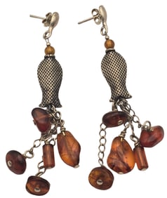 Very Unusual Vintage European 800 Silver & Baltic Amber Earrings