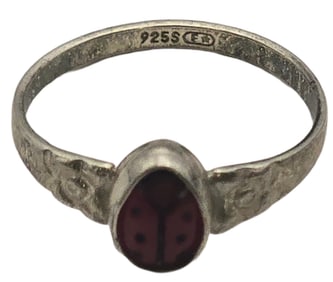 Vintage Mid-Century European Sterling Silver & Enamel Lady Bug Baby Ring - Signed