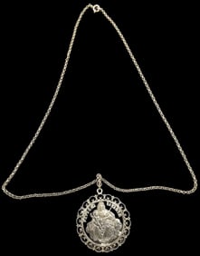 Antique Bavarian 800 Silver & Sawed Silver Coin "Patrona Bavariae" Pendant Chain