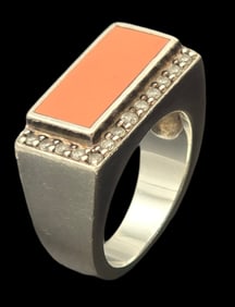 Vintage Mid-Century Sterling Silver, Rhinestone & Orange Enamel Ring
