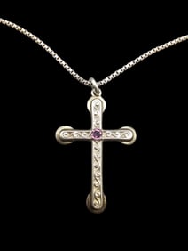 Vintage European 835 Silver & Gemstone Cross Designer Pendant Necklace