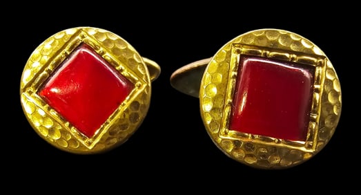 Antiquq ca. 1900 European Goldtone Metal & Red Gemstone Cufflinks