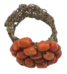 Very Unusual Vintage Sterling Silver & Red Coral Mesh Ring
