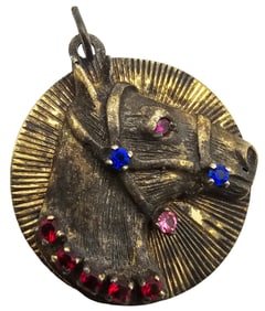 Very Unusual Vintage Gilt Sterling Silver & Gemstone Horse Designer Pendant