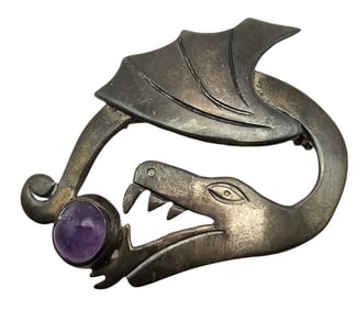 Vintage Mid-Century Mexican Sterling Silver & Amethyst Dragon Pin / Brooch