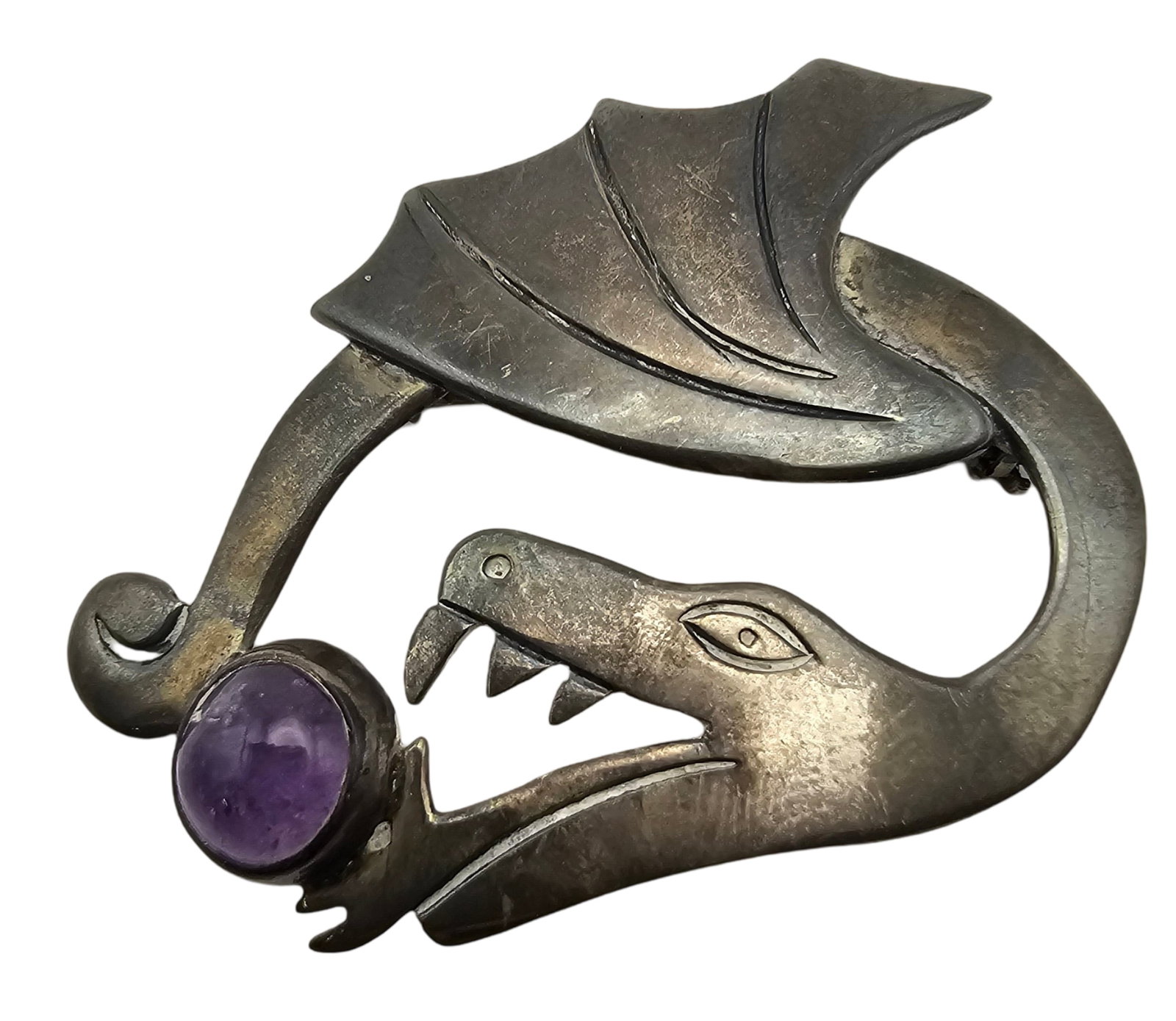 Vintage Mid-Century Mexican Sterling Silver & Amethyst Dragon Pin / Brooch (1 of 7)