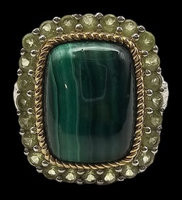 Massive Vintage Sterling Silver & Malachite Cocktail Ring