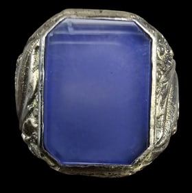 Very Unusual Vintage European 800 Silver & Blue Glass Stone Ring