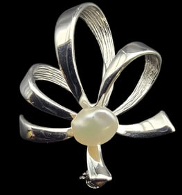 Vintage Mid-Century Sterling Silver & Pearl Bow Shaped Pin